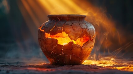 A broken clay vessel emitting a warm, glowing light from its cracks