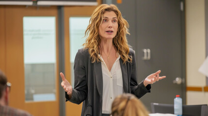 A woman giving a motivational speech at a corporate event, inspiring the audience with her dynamic and engaging presence.