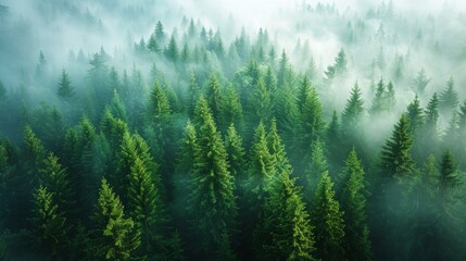 Lush Evergreen Forest Blanketed by Gentle Mist on a Calm Early Morning. Generative AI