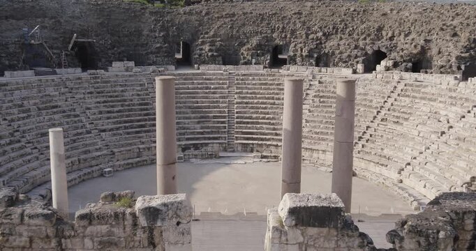 Aerial footage of the beautiful Beit Shean National Archaeological Park located in the city of Beit Shean and containing the remains of the city from the Roman-Byzantine period.