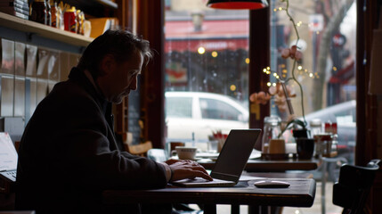 Modern Businessman at Work: Successful entrepreneur using laptop in a trendy cafe setting