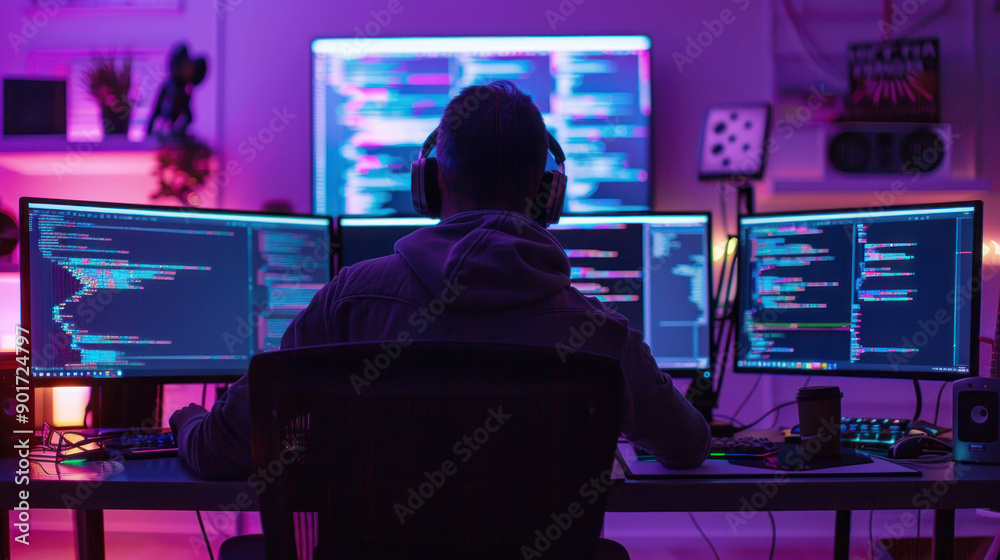 Poster Digital Maestro: Programmer Mastering Code Across Multiple Screens in Futuristic Office
