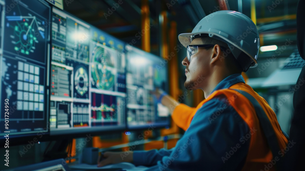 Poster Engineer Analyzing Data from Renewable Energy Sources in Modern Laboratory Setting