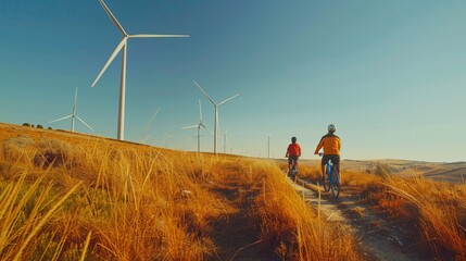 Family cycling through wind farm landscape promoting sustainable energy and outdoor recreation