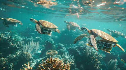 Obraz premium Sea turtles carrying supplies migrating through coral reef due to environmental issues and climate change