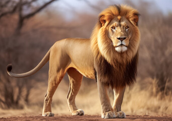 Obraz premium Löwe (Panthera leo) mit prächtiger Mähne in freier Natur, Generative AI