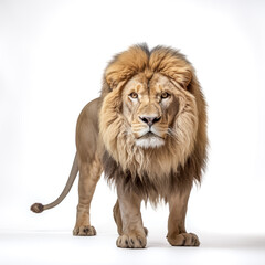 Obraz premium Löwe (Panthera leo) mit prächtiger Mähne, freigestellt vor weißem Hintergrund, Generative AI