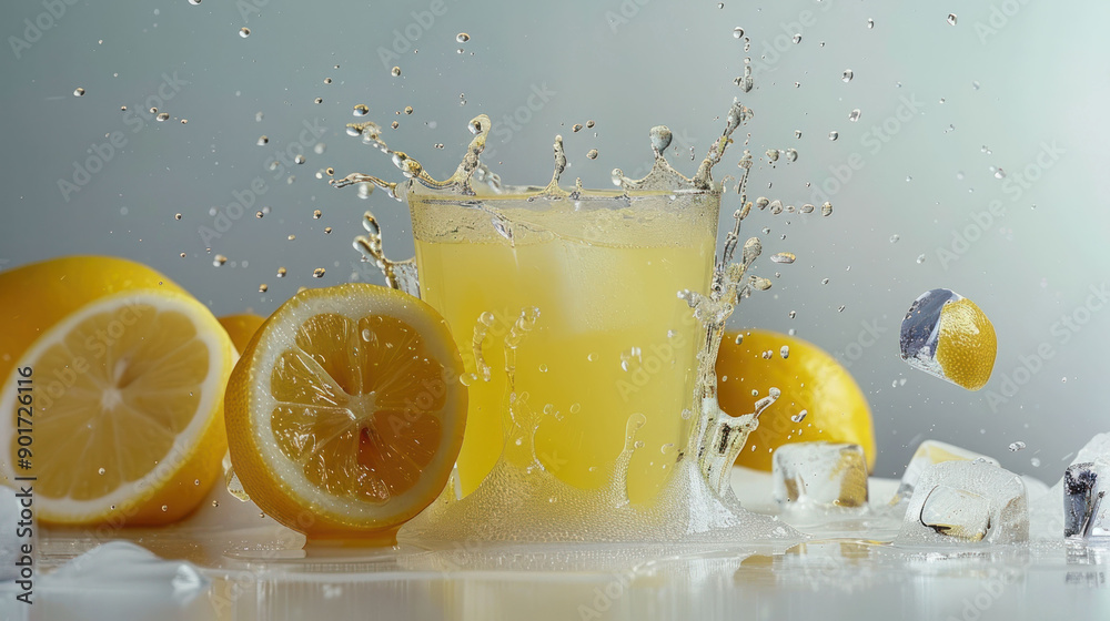 Poster Refreshing Lemonade Splash with Ice Cubes on Studio Background