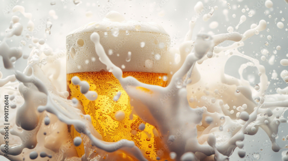 Poster Refreshing Beer Splash with Foam in Studio Isolation - Perfect for Product Photography and Advertisements