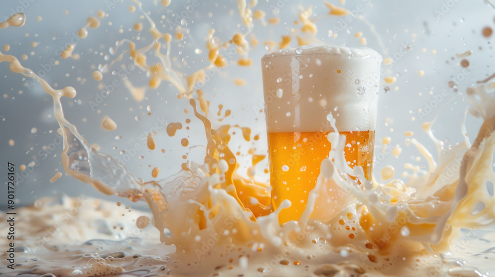 Poster vibrant beer splash with fluffy foam in studio isolation