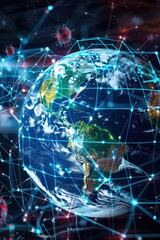 An illustration of a globe with a digital overlay, highlighting regions affected by cyber attacks and the spread of malware