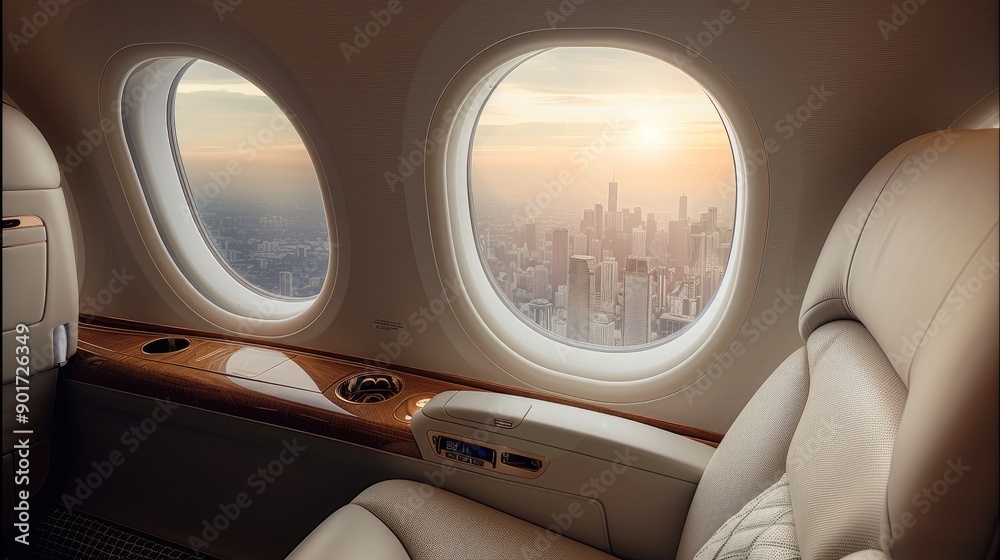 Poster private jet, window center aligned, can see an aerial view of the city from it. generative ai.