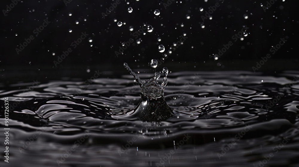 Poster dynamic puddle splash with water droplets against studio backdrop