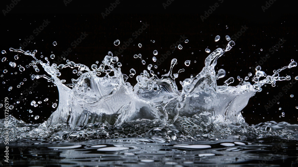 Aufkleber dynamic puddle splash: water droplets in motion on studio background
