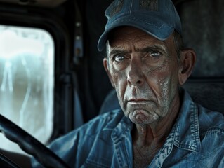 Medium shot of Bus driver man, themed background, bright tonality, in the style of fashion photography.