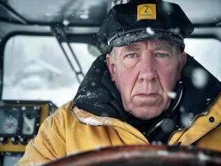 Medium shot of Bus driver man, themed background, bright tonality, in the style of fashion photography.