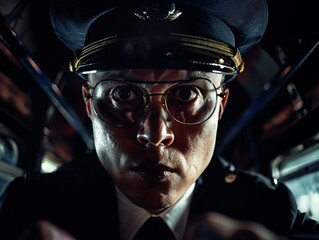 Medium shot of Bus driver man, themed background, bright tonality, in the style of fashion photography.