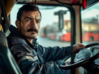Medium shot of Bus driver man, themed background, bright tonality, in the style of fashion photography.