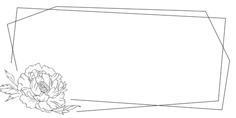 Frame with linear peony Vector isolated illustration on white background Doodle style holiday card Elegant single line drawing Printable invitation and greeting card