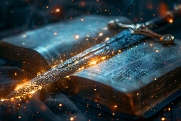 a medieval sword lying across a weathered, open book, surrounded by a forest setting with fallen leaves.