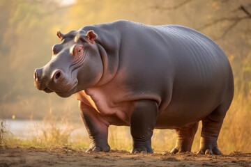 Fototapeta premium Nilpferd, Flusspferd (Hippopotamus amphibius) in freier Natur, Generative AI