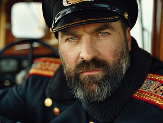 Medium shot of Bus driver man, themed background, bright tonality, in the style of fashion photography.