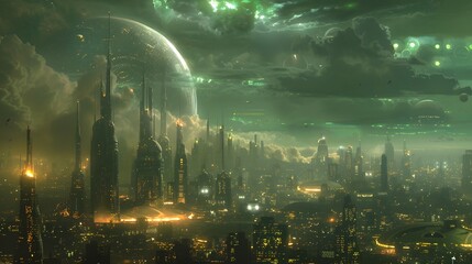 Futuristic Cityscape with Advanced Weather Control Systems for Precise Climate Manipulation