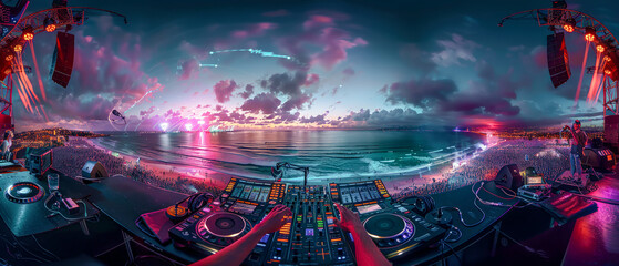 Obraz premium Vibrant Nightlife A DJ's Hands Skillfully Mixing Tracks on a High-Tech Soundboard with Colorful City Lights in the Background Capturing the Energy and Pulse of a Nightclub Scene