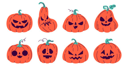 Set of halloween pumpkins. Scary Halloween pumpkins, Happy Halloween, trick or treat. Vector illustration in flat style. Happy Halloween stickers.  Print for cards, stickers and party invitations.