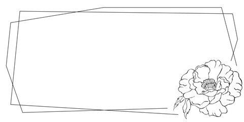 Frame with linear peony Vector isolated illustration on white background Doodle style holiday card Elegant single line drawing Printable invitation and greeting card