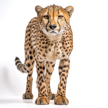 Pr&auml;chtiger Gepard (Acinonyx), freigestellt vor wei&szlig;em Hintergrund, Generative AI
