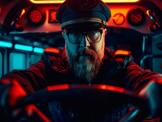 Medium shot of Bus driver man, themed background, bright tonality, in the style of fashion photography.