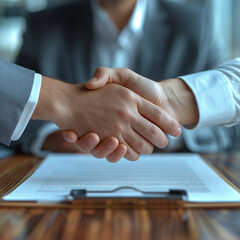 Obraz premium Two men shaking hands in a cityscape