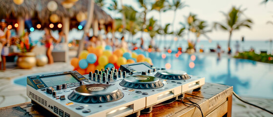 Vibrant Nightlife A DJ's Hands Skillfully Mixing Tracks on a High-Tech Soundboard with Colorful City Lights in the Background Capturing the Energy and Pulse of a Nightclub Scene