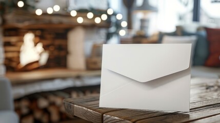 Blank envelope on table with cozy fireplace. Capture the warmth of the season with this image of an empty letter on a rustic table, a crackling fireplace providing a comforting glow in the background.