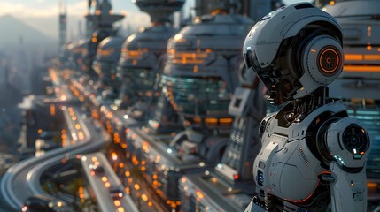Fototapeta premium Futuristic Cityscape with Advanced Robotic Workforce Driving Automation and AI-Powered Productivity