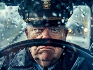 Medium shot of Bus driver man, themed background, bright tonality, in the style of fashion photography.