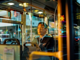 Medium shot of Bus driver man, themed background, bright tonality, in the style of fashion photography.