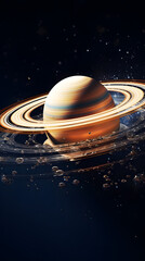 Fototapeta premium Saturn with its iconic rings, surrounded by a sparkling field of cosmic dust and glowing bubbles.