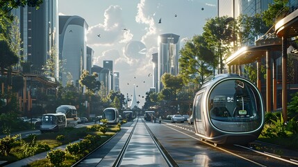 Futuristic Sustainable Transportation in Eco-Friendly Urban Landscape with Electric Vehicles,Bike-Sharing,and Pedestrian-Friendly Infrastructure