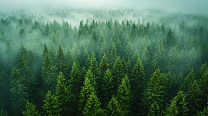 Lush Evergreen Forest Blanketed in Morning Mist Overlooking Serene Landscape in Dawn Light. Generative AI
