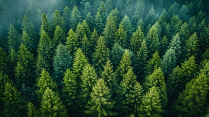 Fototapeta premium Lush Evergreen Forest Covered in Morning Mist Displaying Vibrant Green Trees in Early Dawn Light. Generative AI
