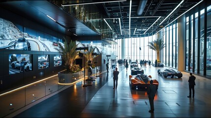 Fototapeta premium Internal space of an experience centre with traffic simulators and LCD screens, double height space with ample natural light. Generative AI.