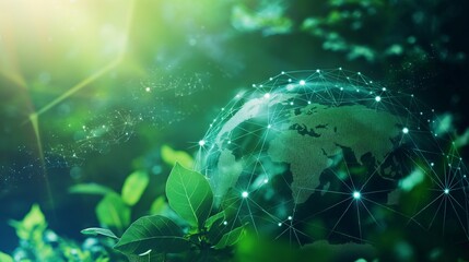 Abstract illustration showcasing the potential of blockchain technology in promoting sustainability and environmental protection, with a green digital globe and network connections