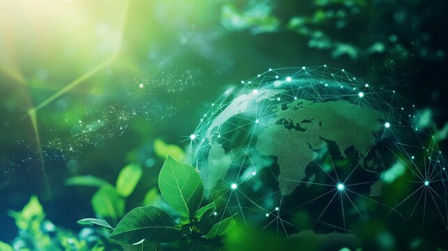 Abstract illustration showcasing the potential of blockchain technology in promoting sustainability and environmental protection, with a green digital globe and network connections