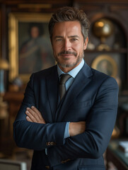 Fototapeta premium A man in a blue suit is smiling and posing for a photo
