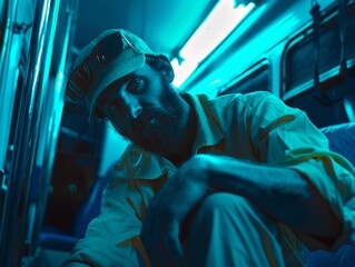 Medium shot of Bus driver man, themed background, bright tonality, in the style of fashion photography.