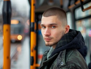 Medium shot of Bus driver man, themed background, bright tonality, in the style of fashion photography.