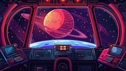 Vibrant cartoon illustration of a spaceship interior, showing a red planet through the window and starry space outside