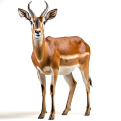 Fototapeta premium Prächtige Impala Antilope (Aepyceros) freigestellt vor weißem Hintergrund, Generative AI